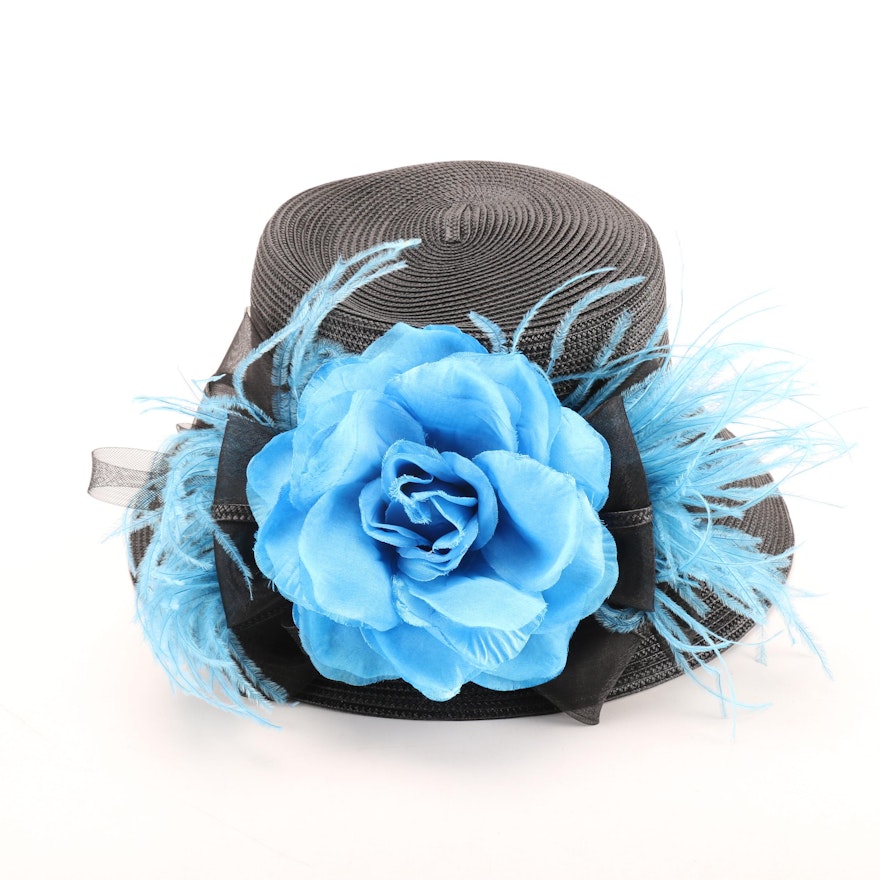 Dee's Black Hat with Blue Floral Accent