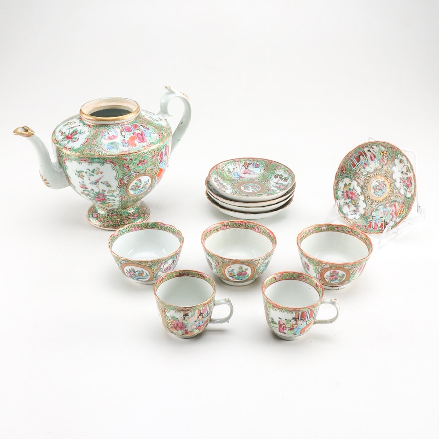 Antique Qing Dynasty Chinese Rose Medallion Tea Set