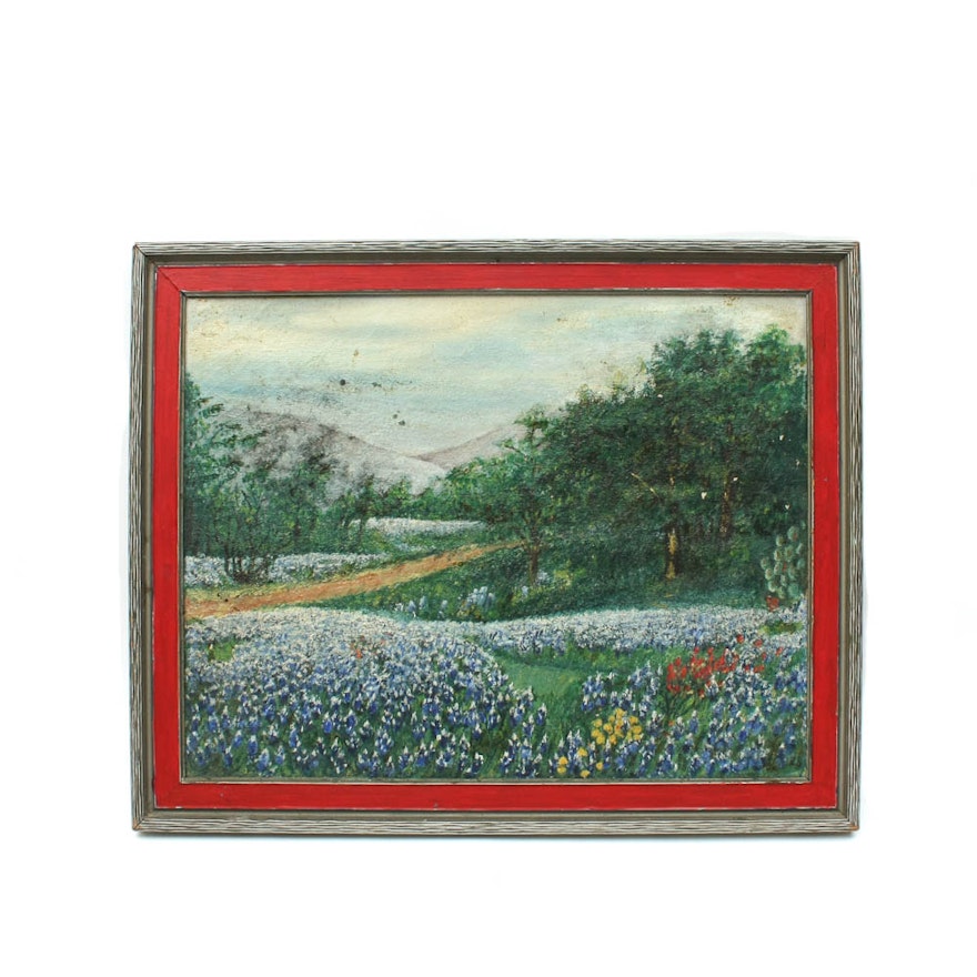Signed Oil on Canvas Texas Landscape with Bluebonnets