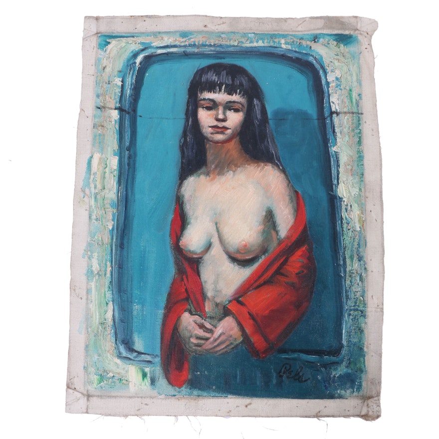 Albert Pels Oil Painting on Unstretched Canvas of Model in Red Bathrobe