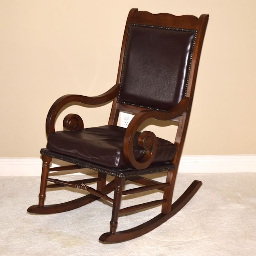 Vintage Walnut and Leather Rocking Chair