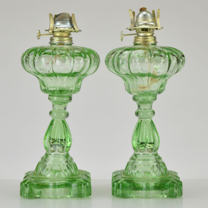 Vintage Apple Green Glass Oil Lamps