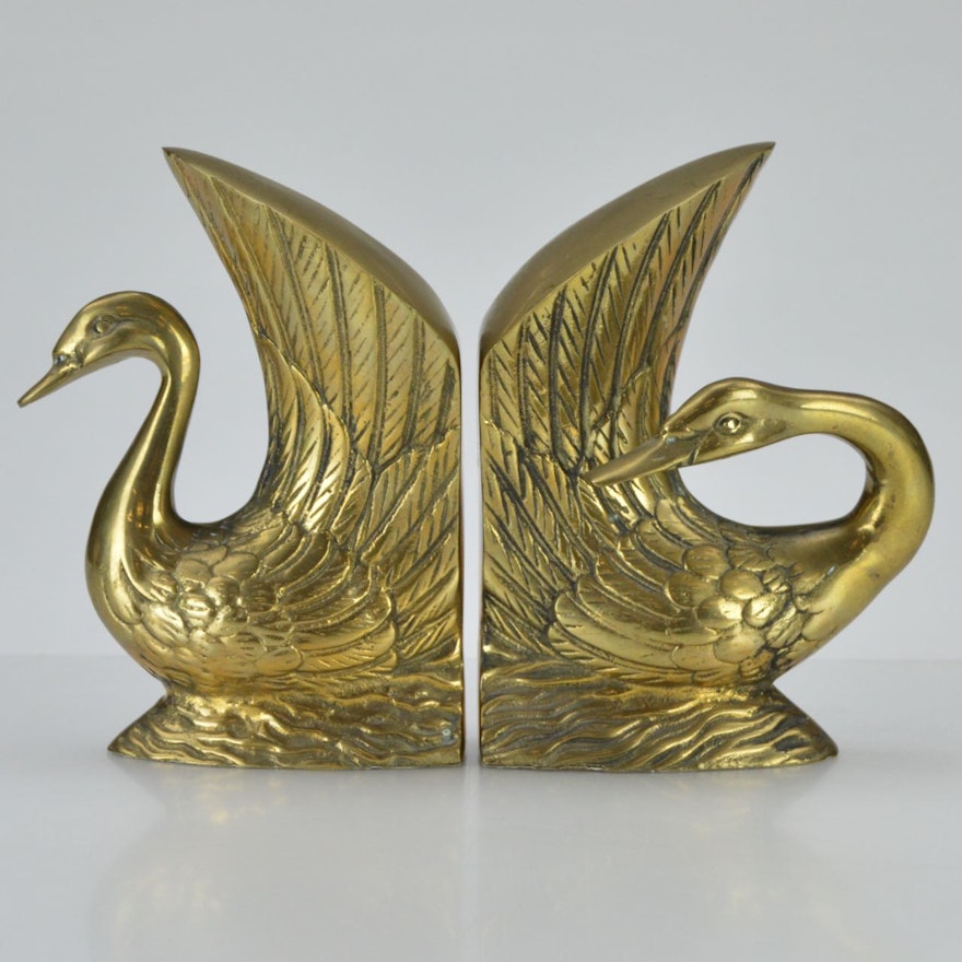 Weighted Brass Swan Bookends