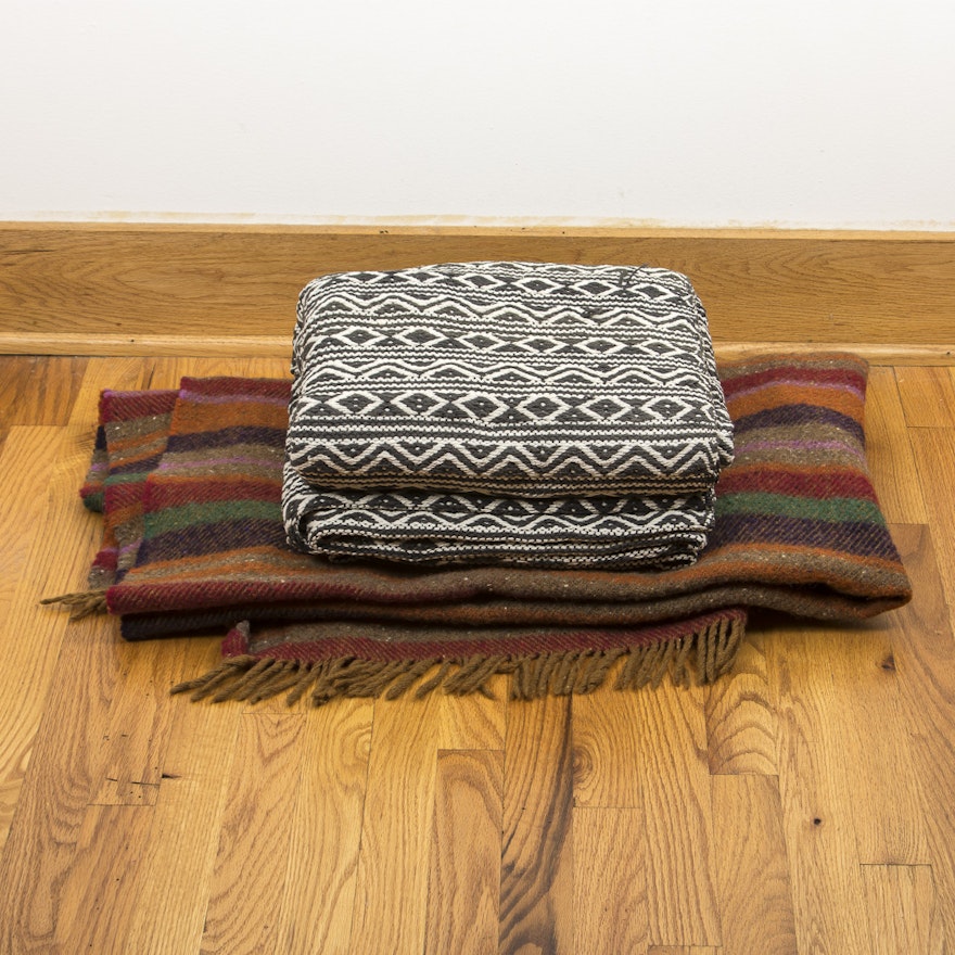 Pair of Handwoven Wool and Cotton Blankets