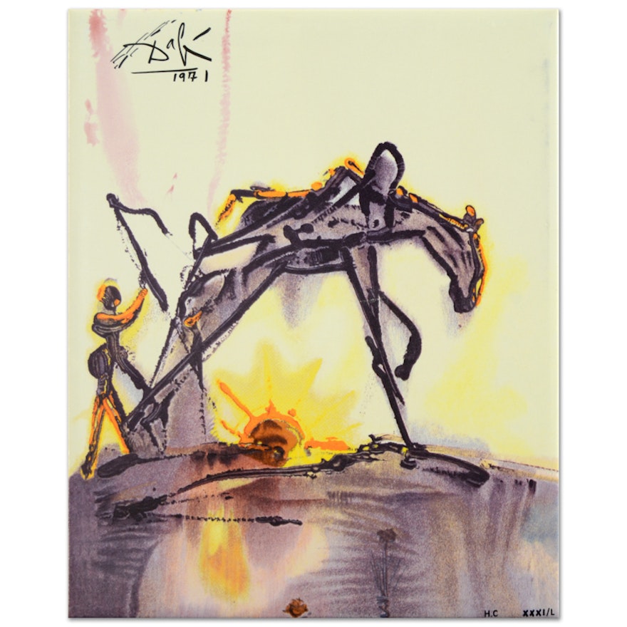 After Salvador Dali Glazed Ceramic Tile "The Horse of Labor"