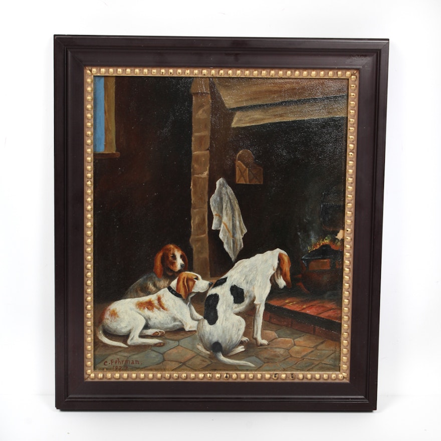 C. Fehrman Original Oil on Panel Painting of Dogs at Hearthside