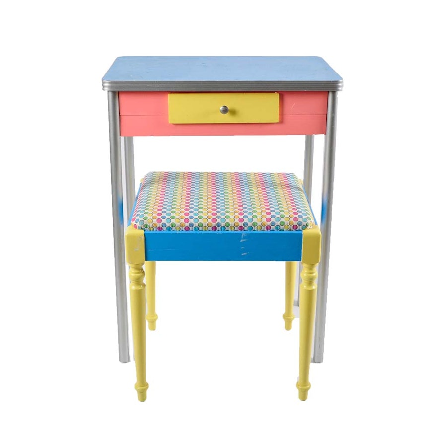 Vintage Painted Child's Desk With Bench
