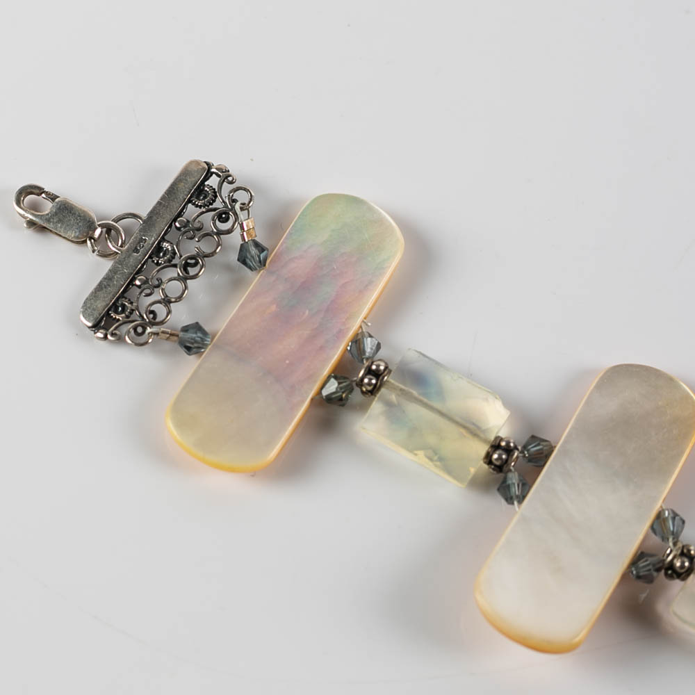 Sterling Silver, Crystal, and Mother of Pearl Bracelet