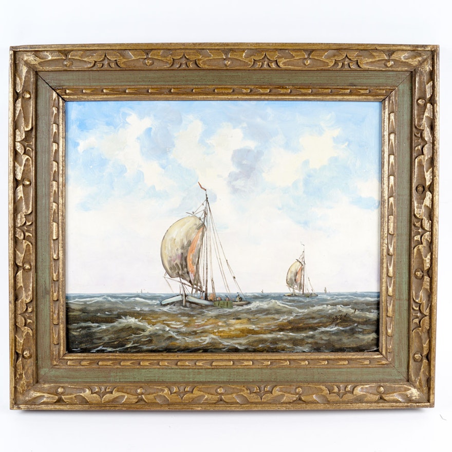 Original Sail Boat Painting in a Carved Wood Frame