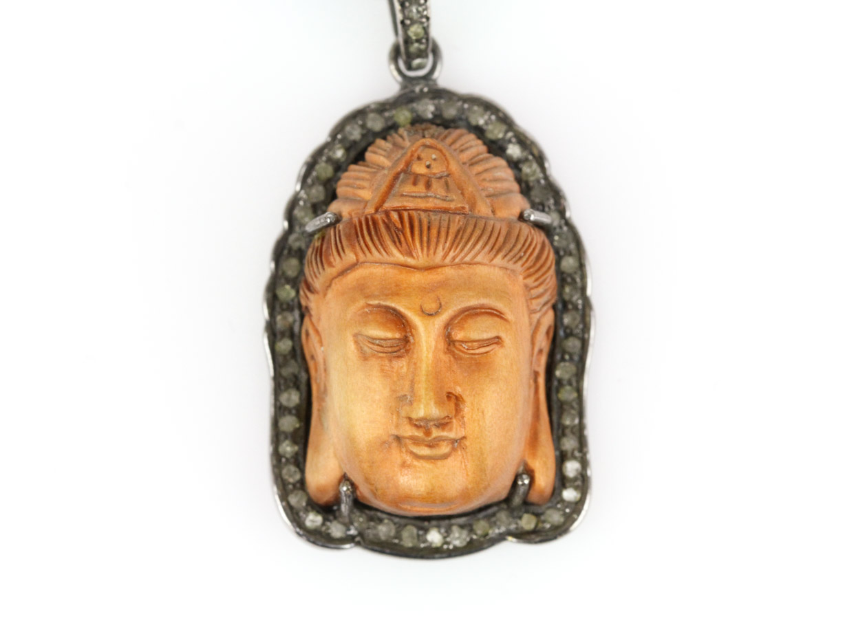 Carved Wood and Diamond Quan Yin Pendant with Sterling Link Chain