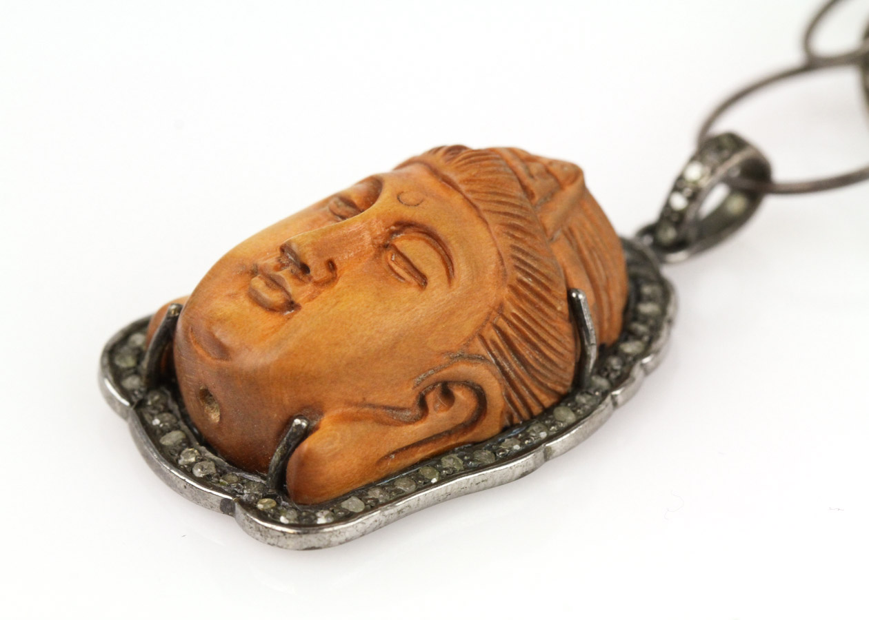 Carved Wood and Diamond Quan Yin Pendant with Sterling Link Chain