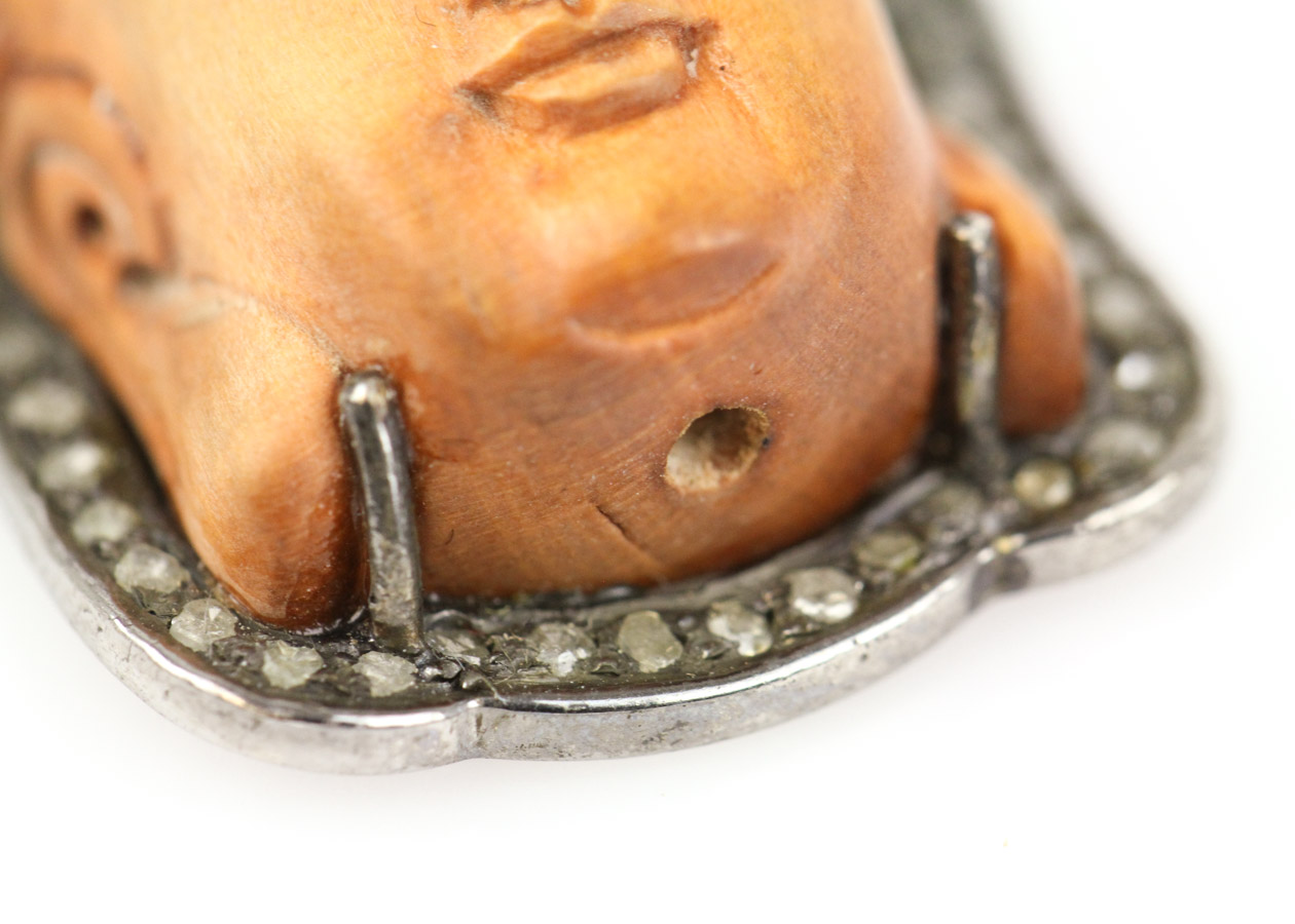 Carved Wood and Diamond Quan Yin Pendant with Sterling Link Chain