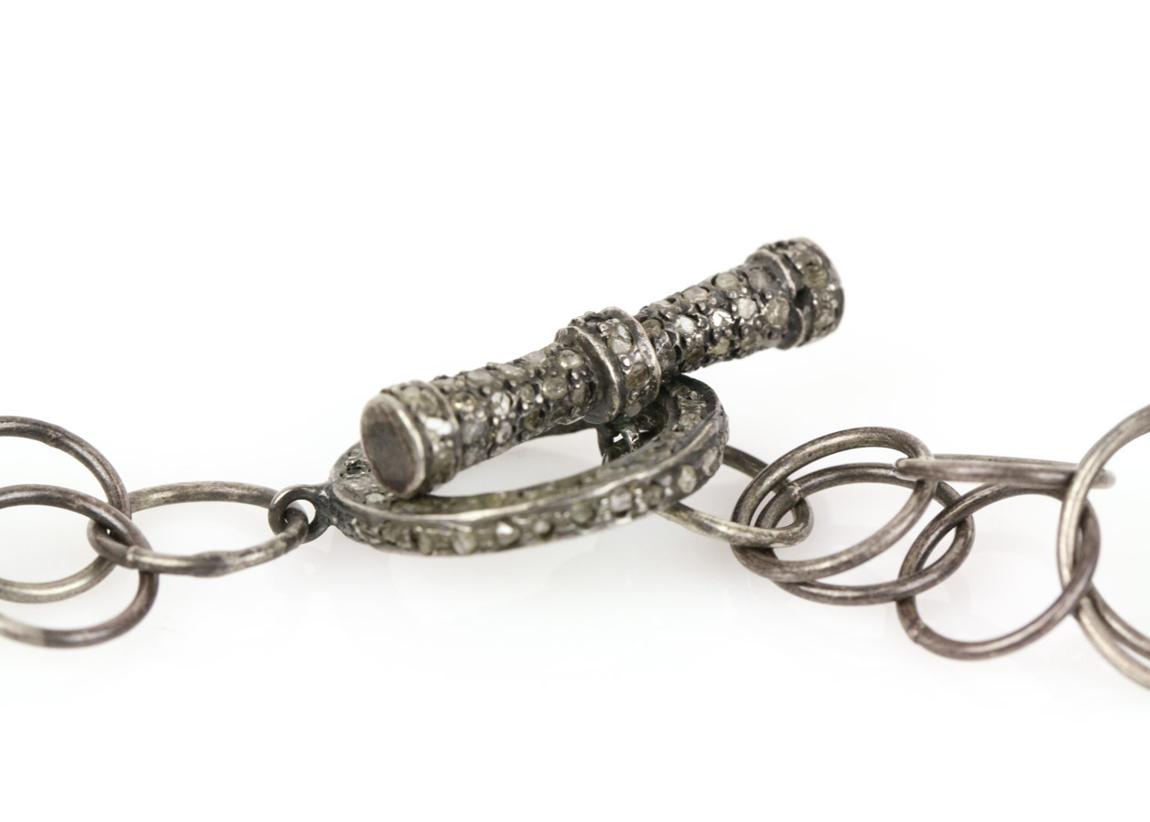 Carved Wood and Diamond Quan Yin Pendant with Sterling Link Chain