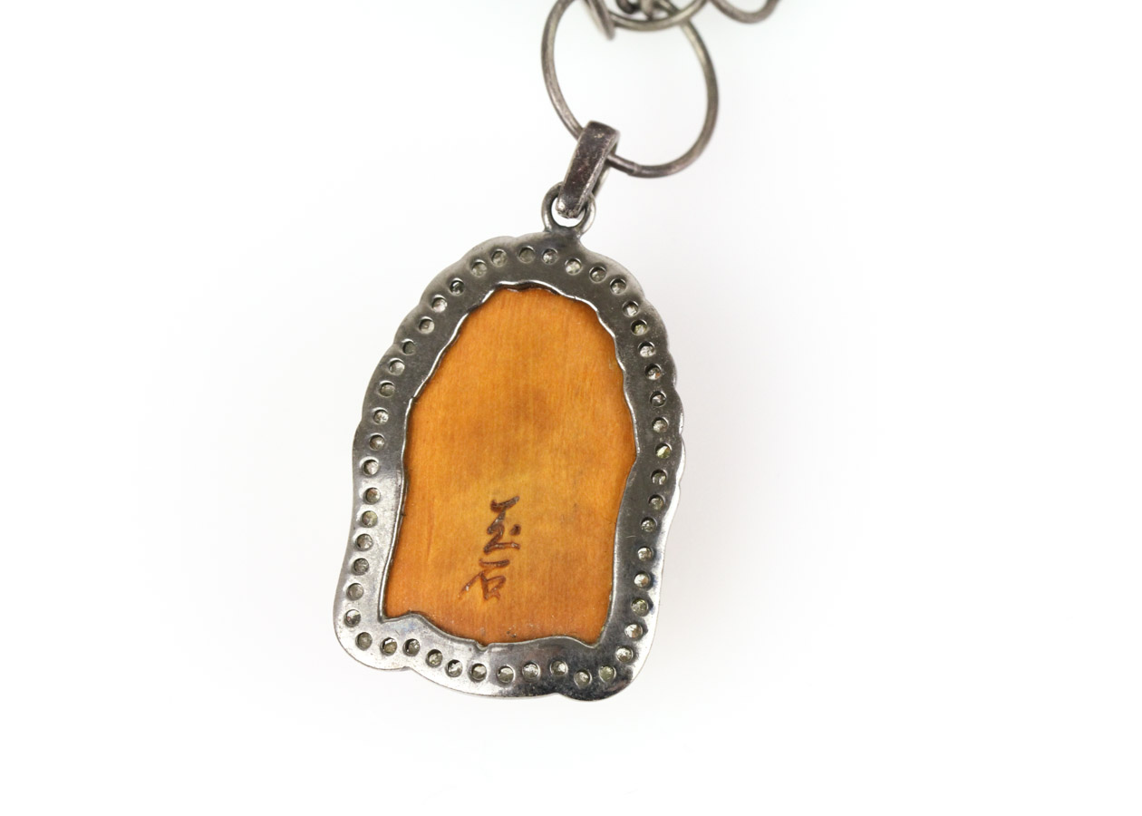 Carved Wood and Diamond Quan Yin Pendant with Sterling Link Chain