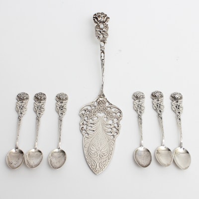 Sterling Rose Pie Server with Six 800 Silver Spoons Sterling Rose Pie Server with Six 800 Silver Spoons