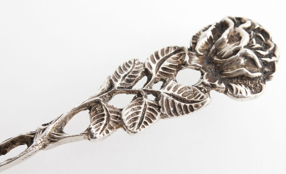 Sterling Rose Pie Server with Six 800 Silver Spoons