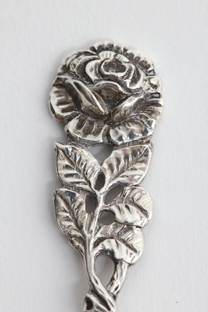 Sterling Rose Pie Server with Six 800 Silver Spoons