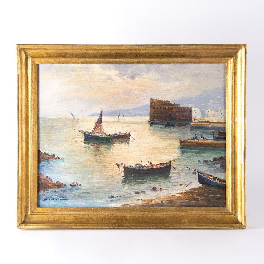 O. Viani Oil on Canvas "Fisherman's Boats in at Anchor"