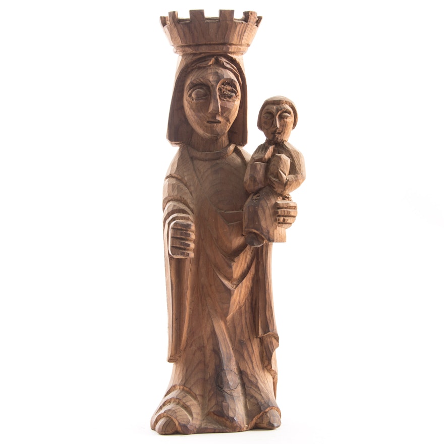 Hand Carved Madonna and Child Sculpture