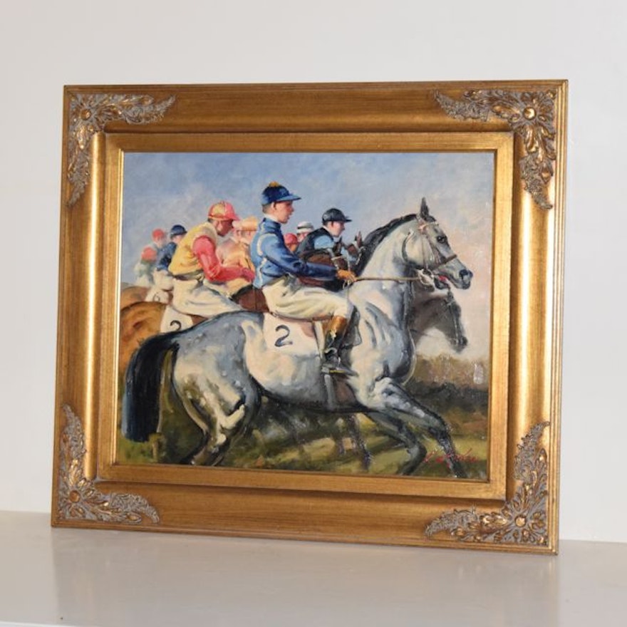 Original Horse Race Themed Oil on Canvas