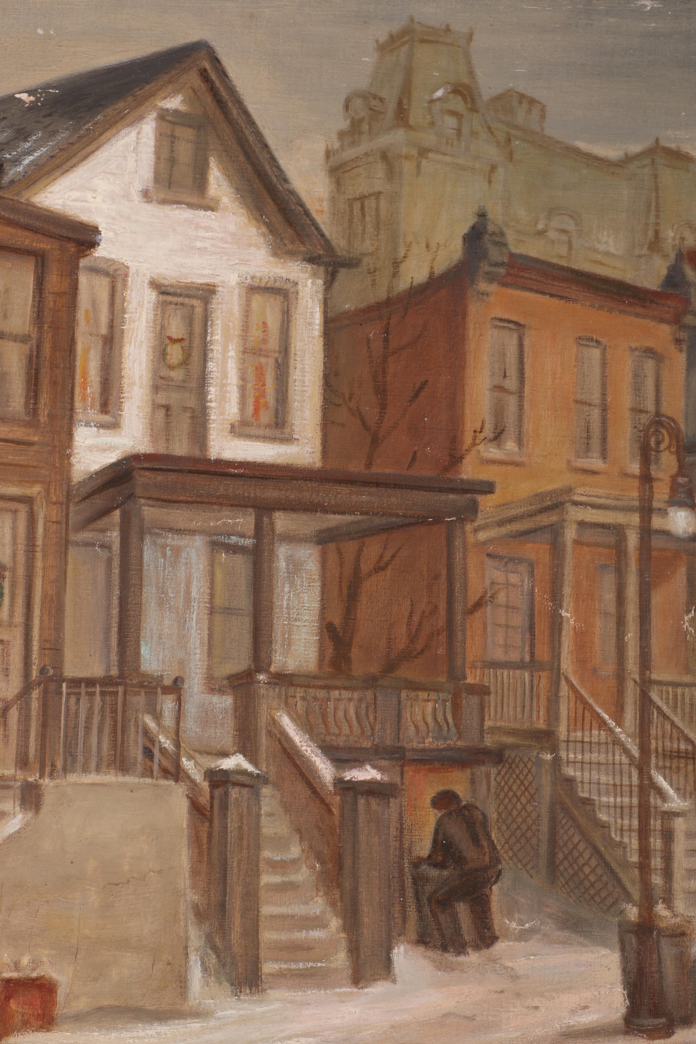Albert Pels Oil Painting on Unstretched Canvas of Cincinnati Row Houses
