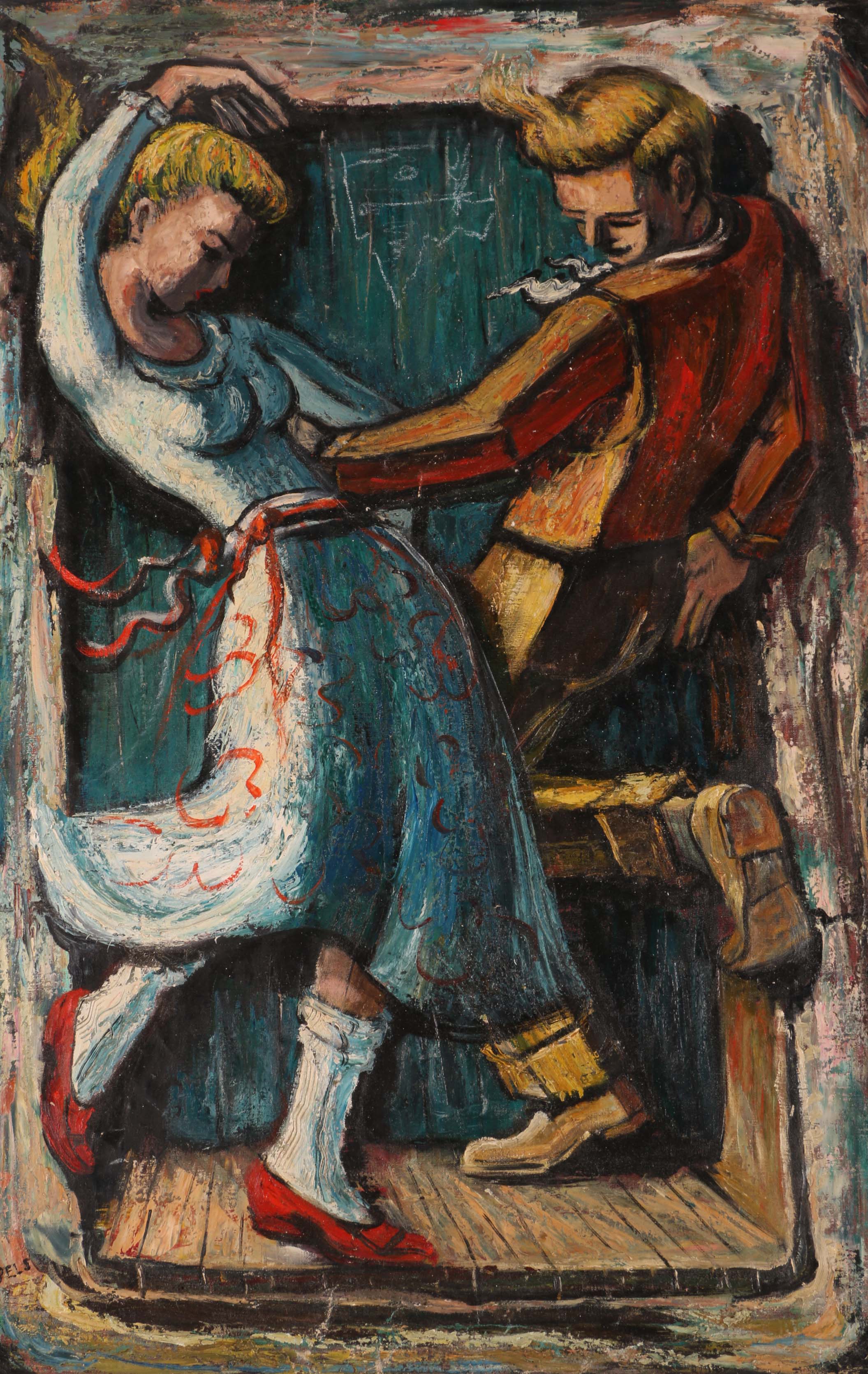 Albert Pels Original Oil Painting on Unstretched Canvas of a Couple Dancing