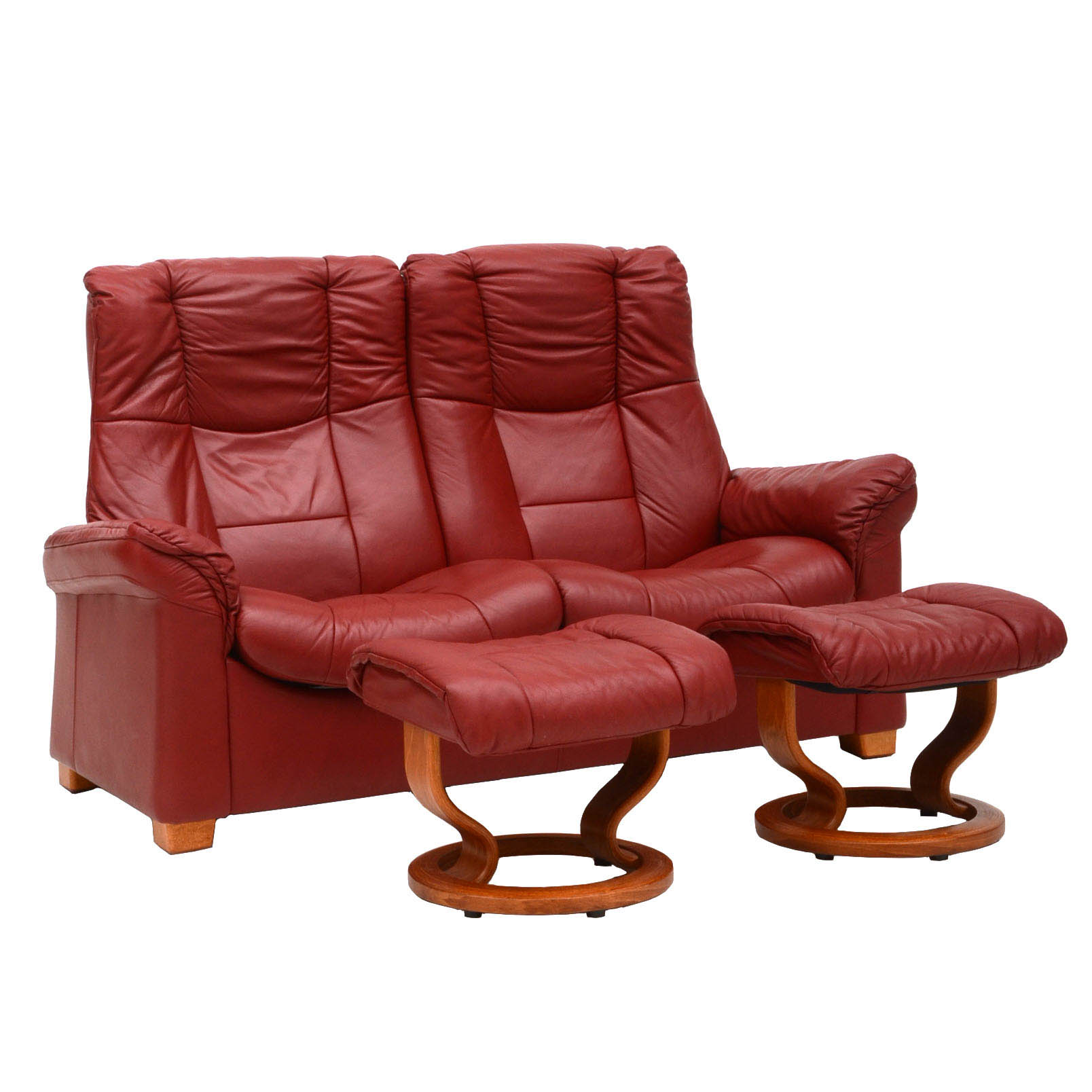 Danish Modern Style Red Leather Reclining Loveseat with Two Ottomans