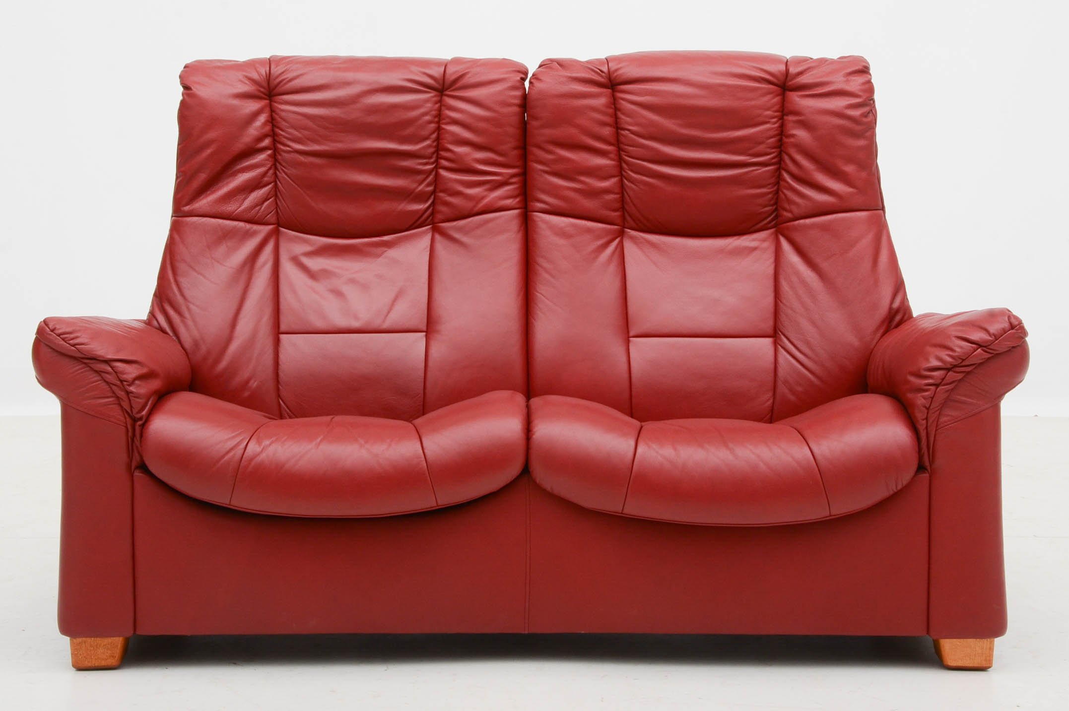 Danish Modern Style Red Leather Reclining Loveseat with Two Ottomans