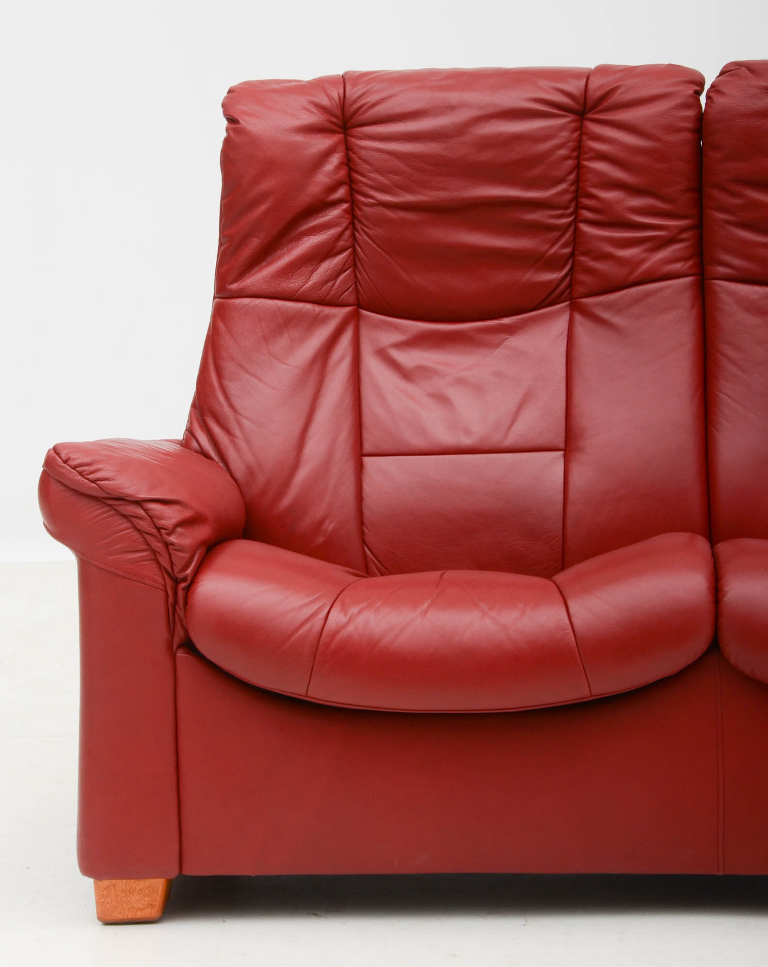 Danish Modern Style Red Leather Reclining Loveseat with Two Ottomans