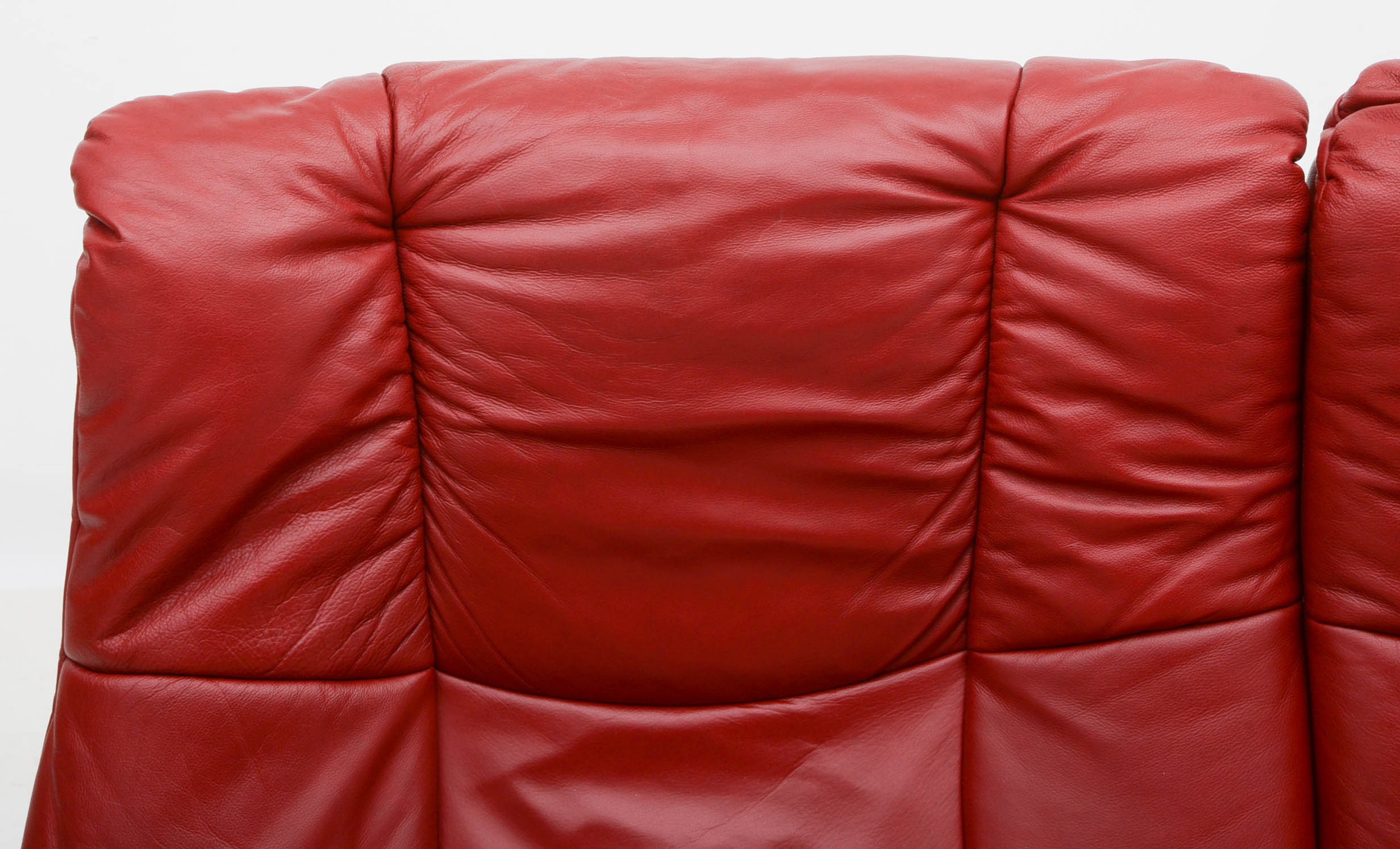 Danish Modern Style Red Leather Reclining Loveseat with Two Ottomans