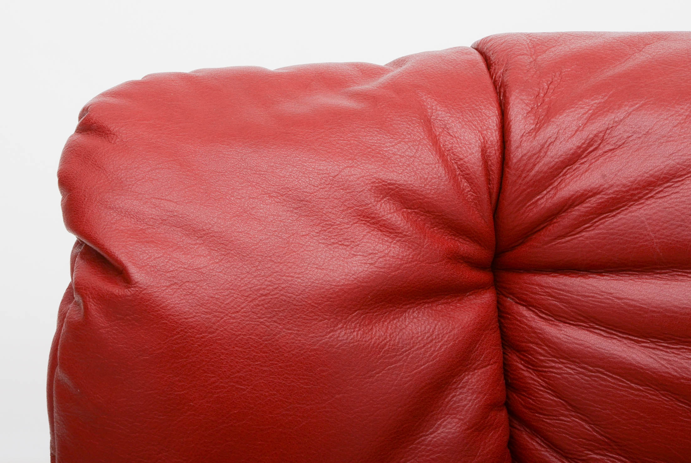 Danish Modern Style Red Leather Reclining Loveseat with Two Ottomans