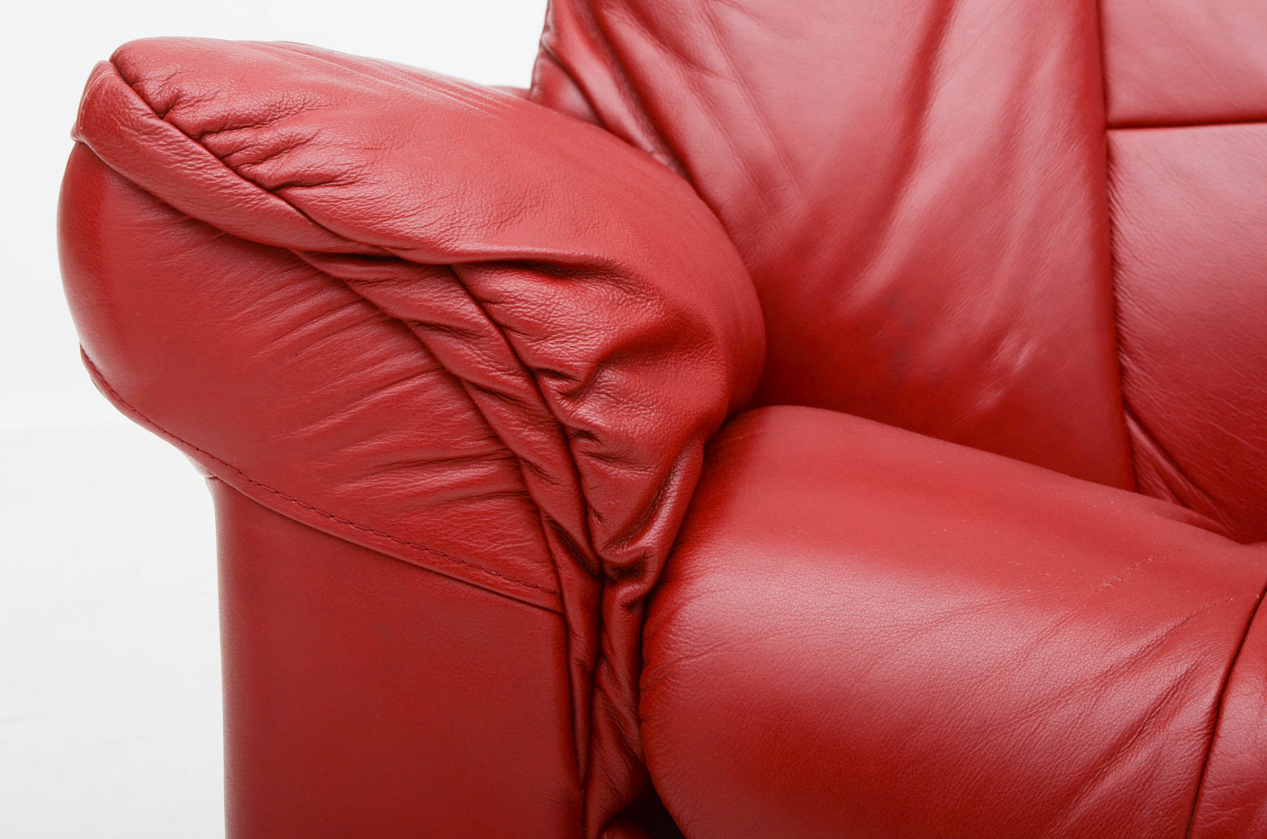 Danish Modern Style Red Leather Reclining Loveseat with Two Ottomans