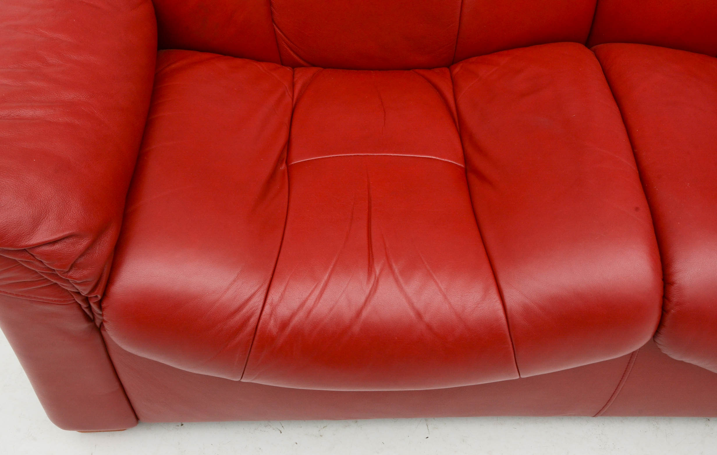 Danish Modern Style Red Leather Reclining Loveseat with Two Ottomans