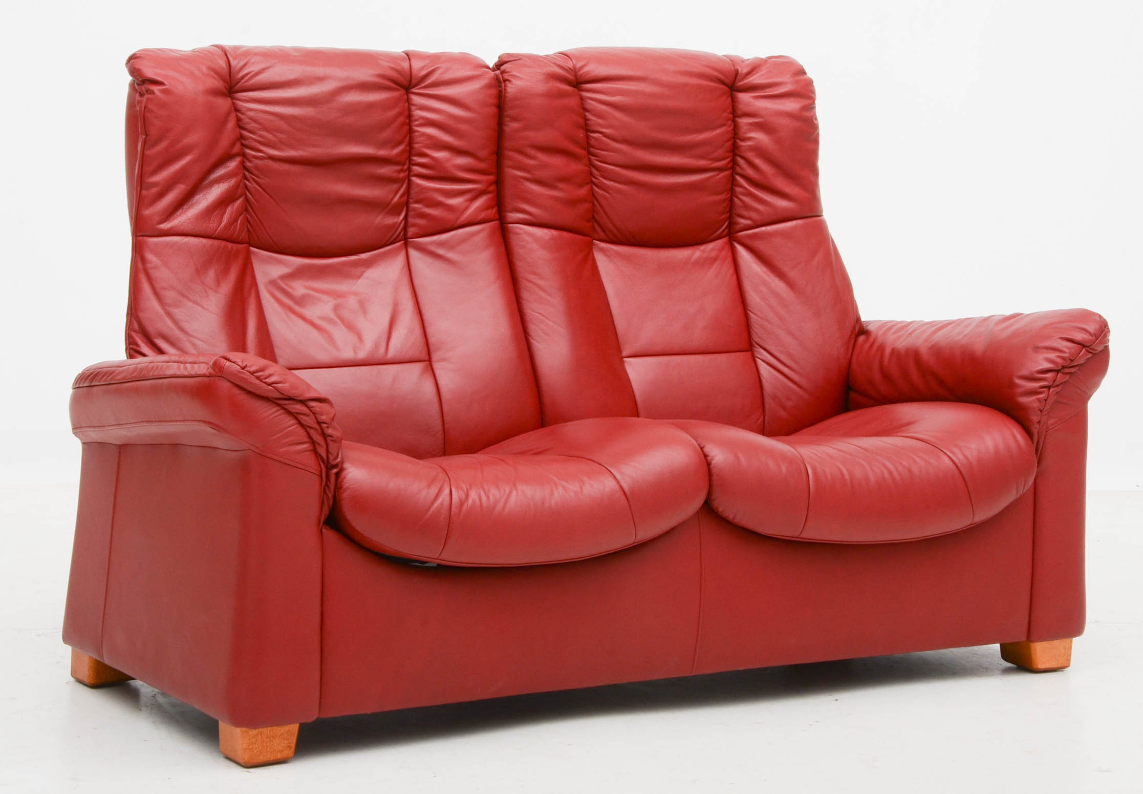 Danish Modern Style Red Leather Reclining Loveseat with Two Ottomans