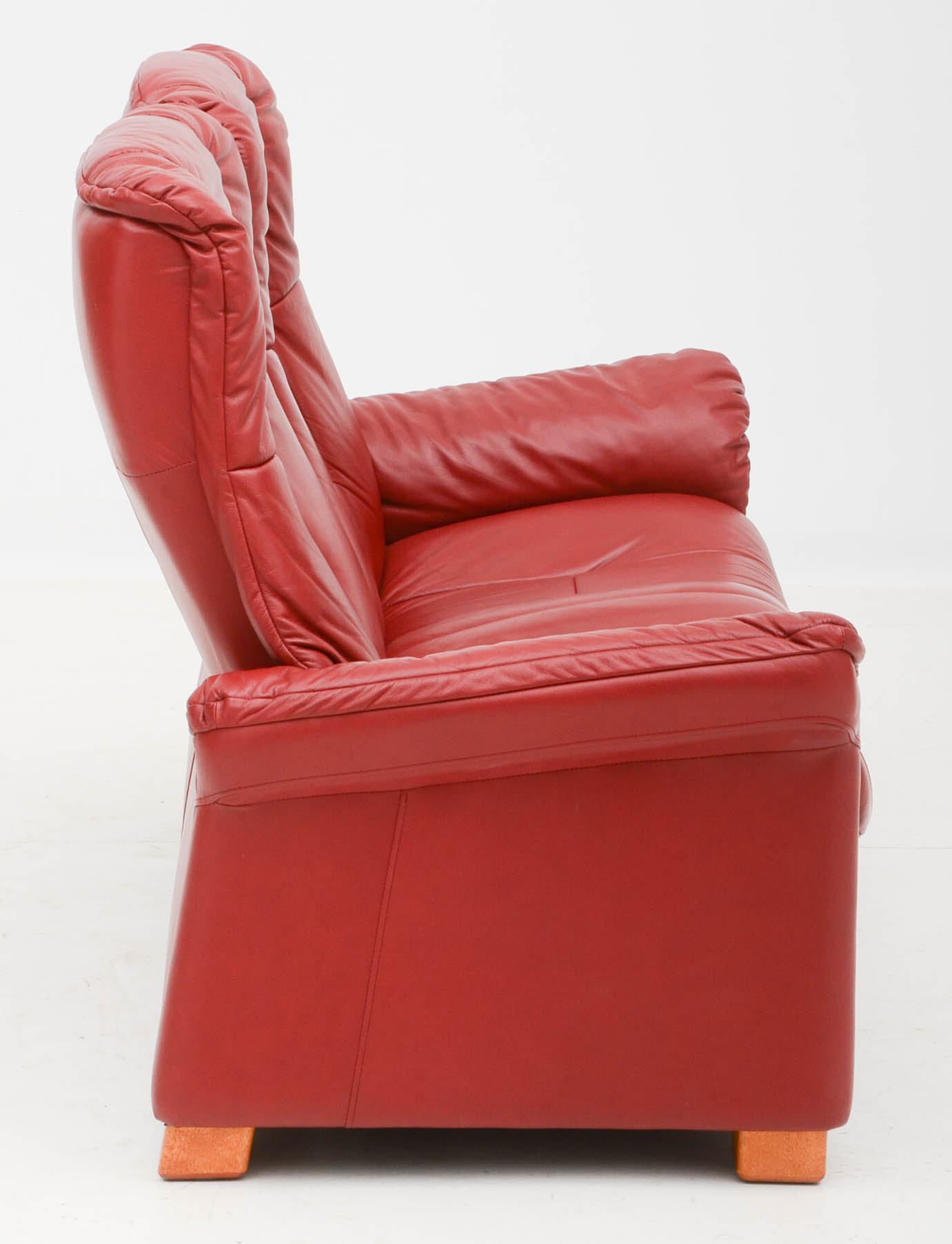 Danish Modern Style Red Leather Reclining Loveseat with Two Ottomans