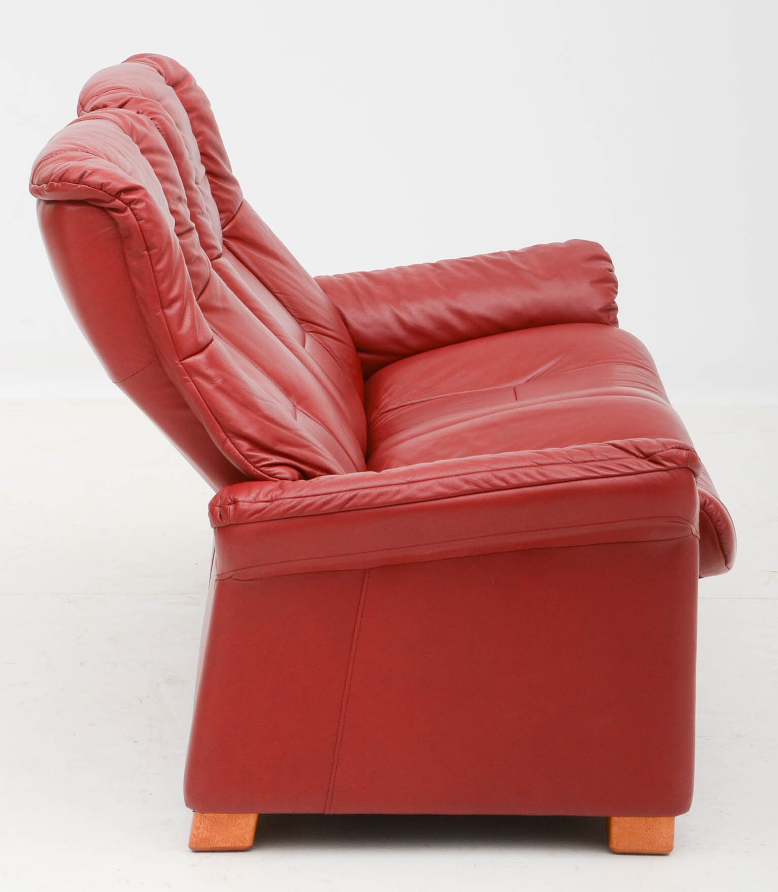 Danish Modern Style Red Leather Reclining Loveseat with Two Ottomans