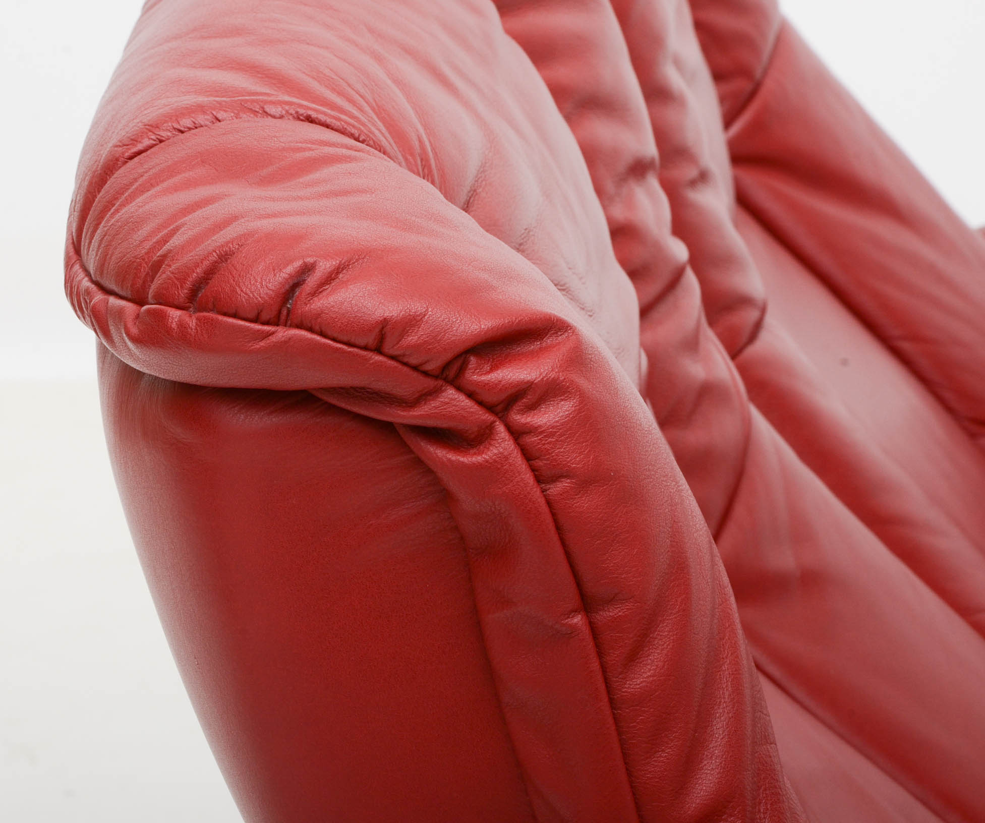 Danish Modern Style Red Leather Reclining Loveseat with Two Ottomans