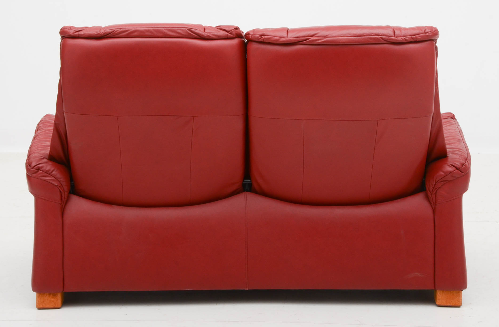 Danish Modern Style Red Leather Reclining Loveseat with Two Ottomans