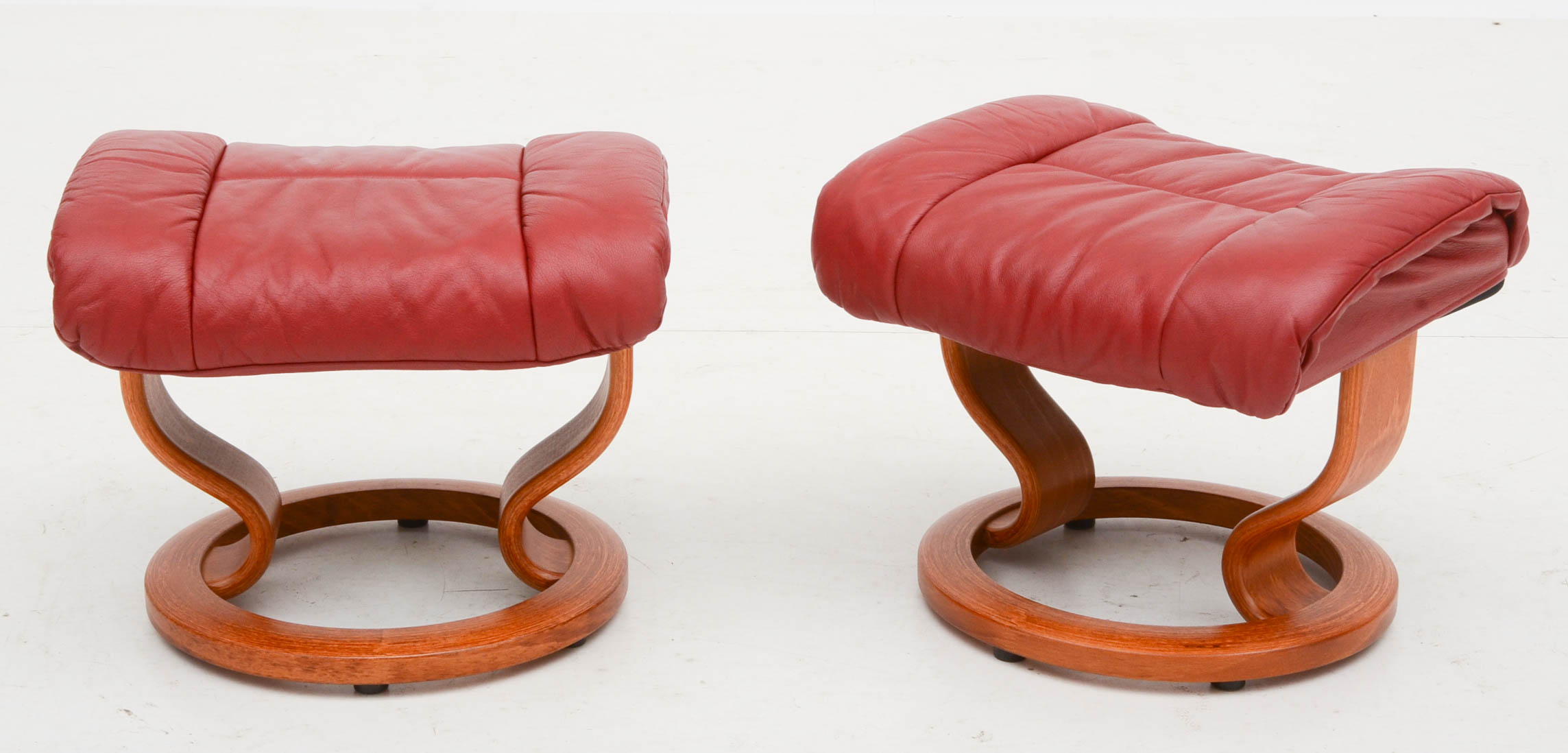 Danish Modern Style Red Leather Reclining Loveseat with Two Ottomans