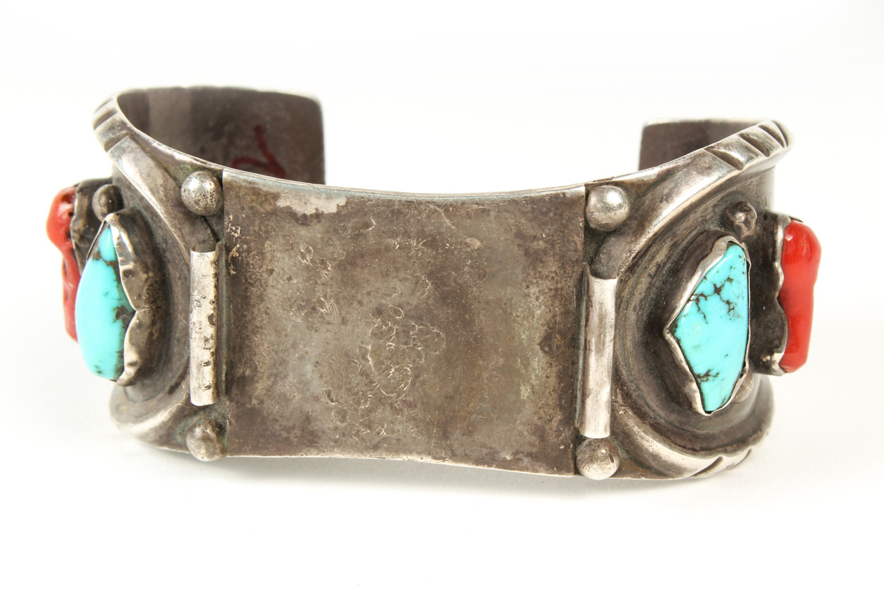 Vintage Sterling Silver, Turquoise, and Coral Watch Cuff