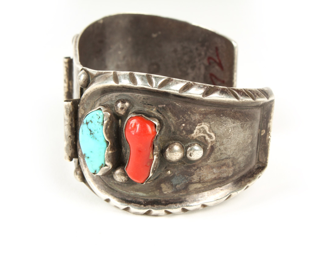 Vintage Sterling Silver, Turquoise, and Coral Watch Cuff