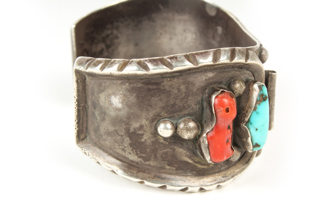 Vintage Sterling Silver, Turquoise, and Coral Watch Cuff