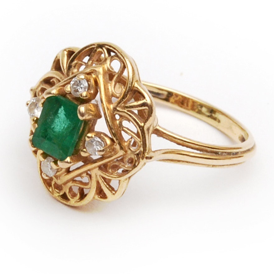 14K Yellow Gold, Emerald and Diamond Ring