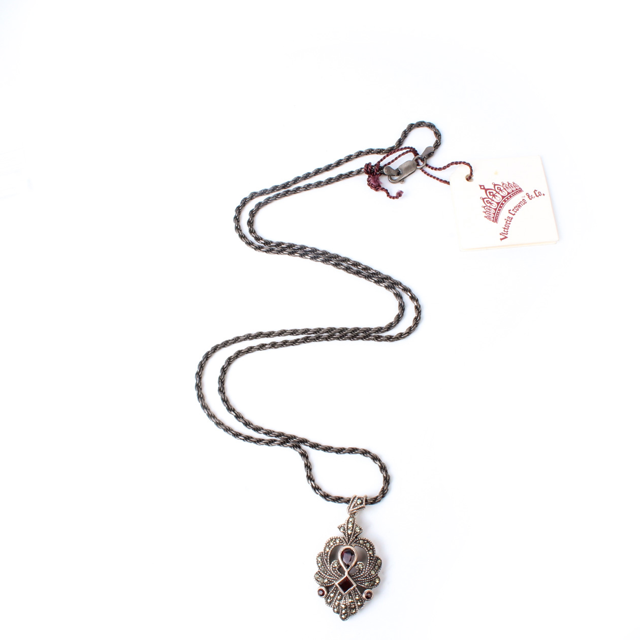 Vintage Victoria Crowne & Co.  Sterling Silver, Marcasite, and Garnet Pendant Necklace