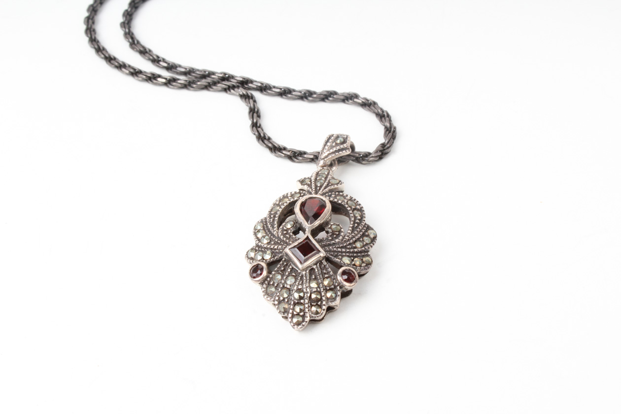 Vintage Victoria Crowne & Co.  Sterling Silver, Marcasite, and Garnet Pendant Necklace