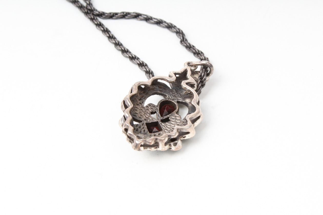 Vintage Victoria Crowne & Co.  Sterling Silver, Marcasite, and Garnet Pendant Necklace