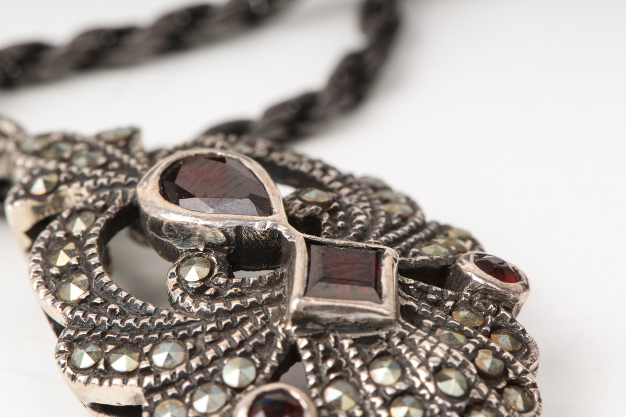 Vintage Victoria Crowne & Co.  Sterling Silver, Marcasite, and Garnet Pendant Necklace