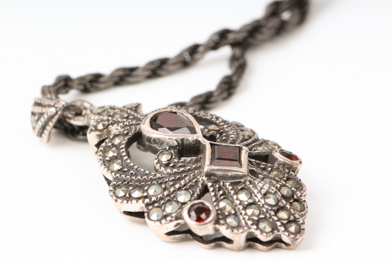 Vintage Victoria Crowne & Co.  Sterling Silver, Marcasite, and Garnet Pendant Necklace