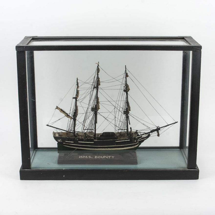 Wooden Model of  H.M.S. Bounty Ship and Display Case