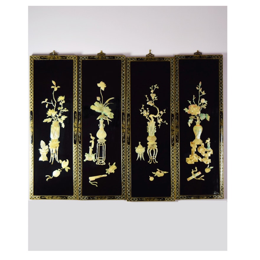 Chinese Black Lacquer Panels with Mother of Pearl Inlay